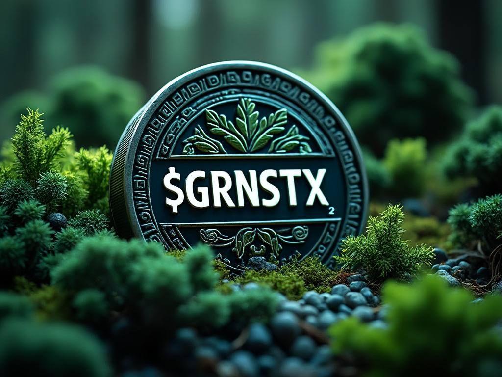 Green coin with the symbol $GRNSTX surrounded by lush moss and foliage.