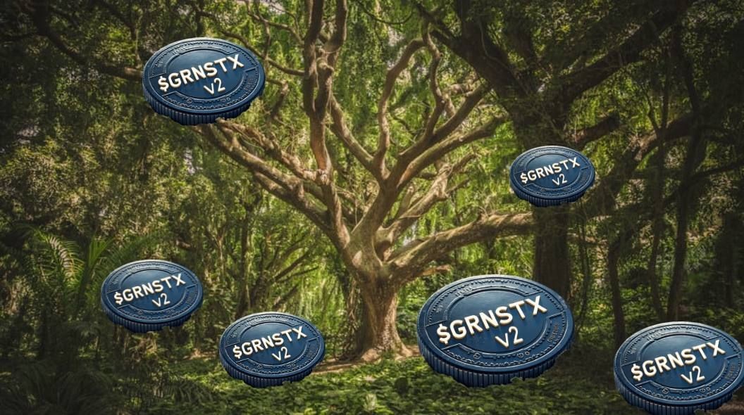 Coins labeled $GRNSTX v2 floating in front of a large, lush green tree.