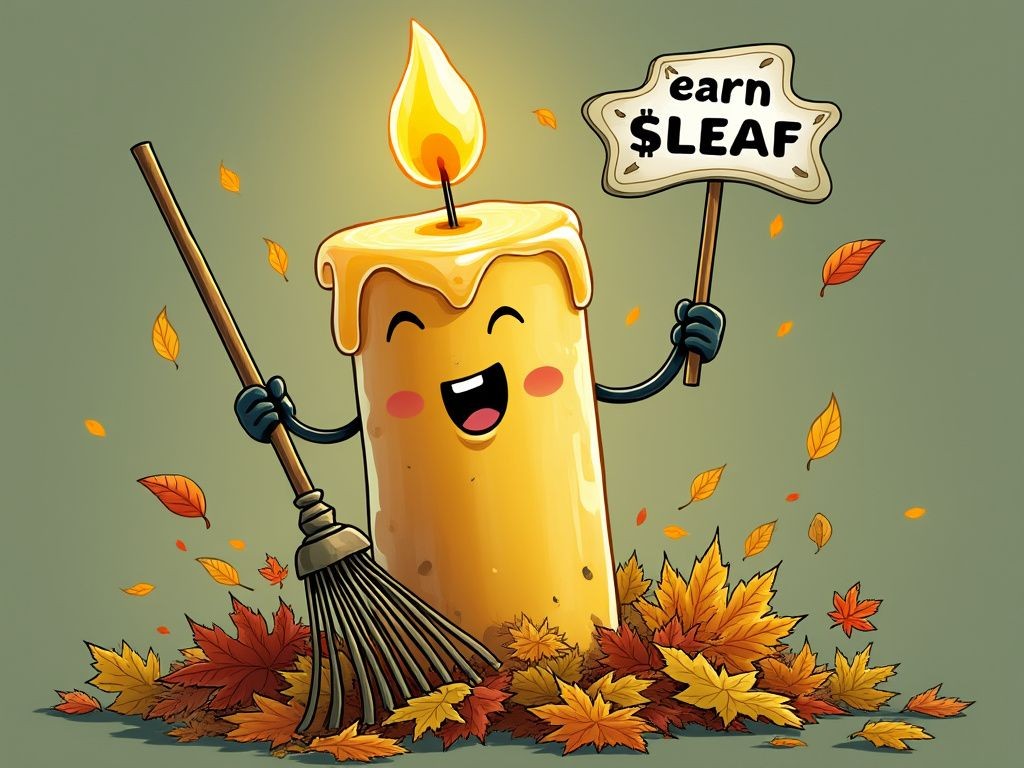 Happy candle character raking autumn leaves, holding a sign saying 'earn $LEAF.'