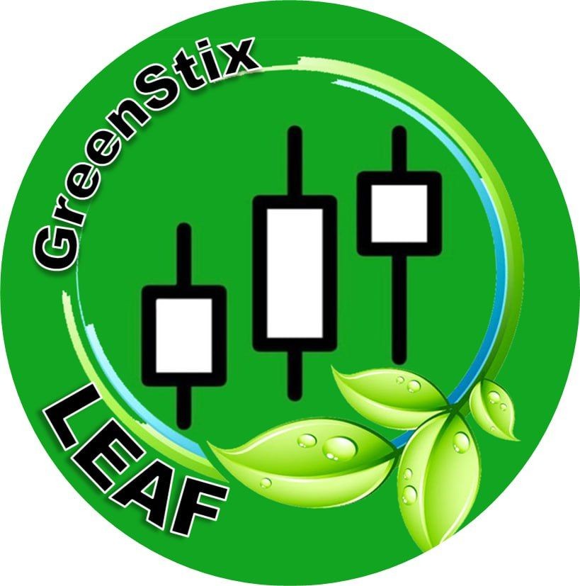 GreenStix LEAF logo with green leaves and candlestick chart symbols on a green background.