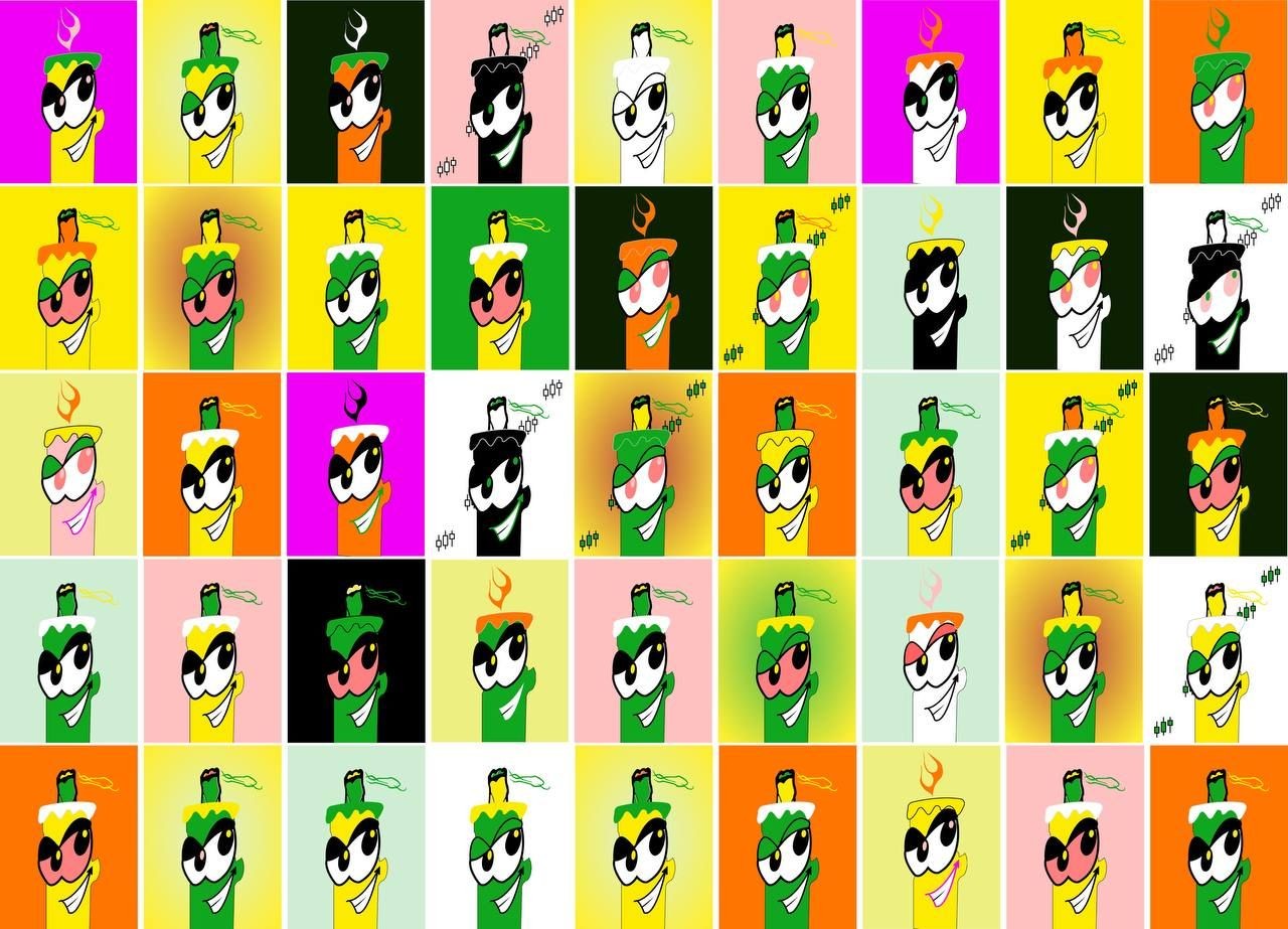 A grid of colorful cartoon candle-like characters, each with expressive eyes and different background colors.