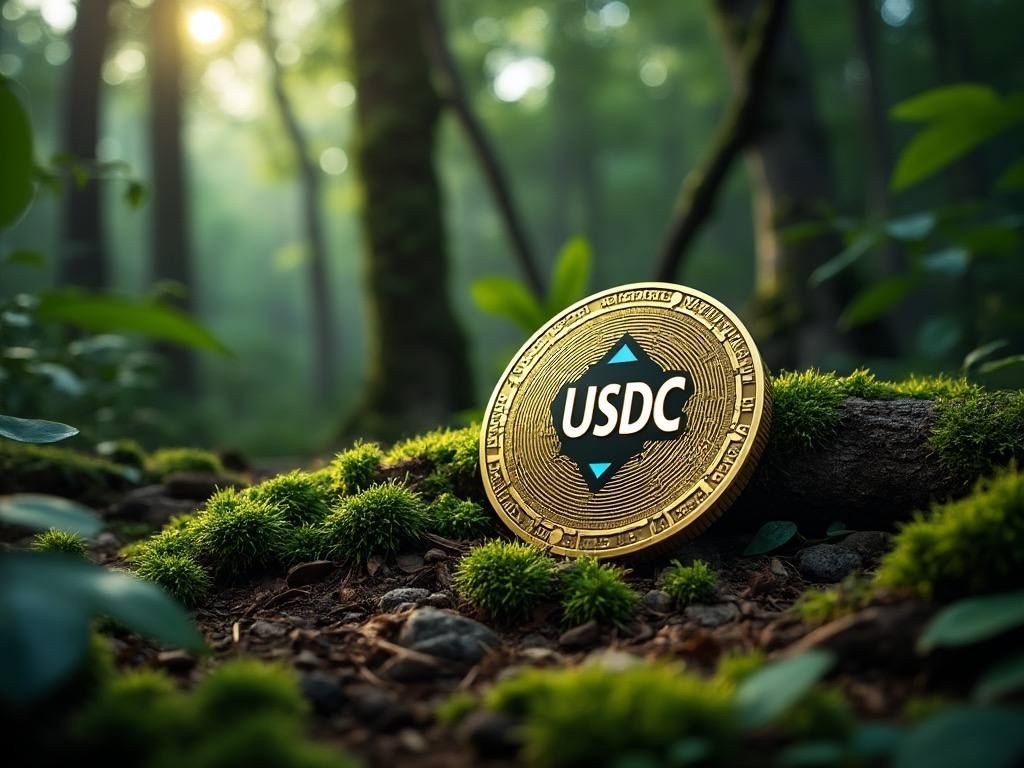 Gold USDC coin resting on moss in a sunlit forest with blurred trees in the background.