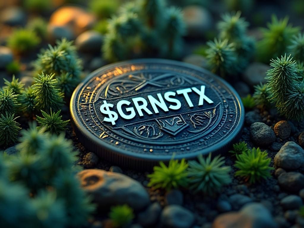 Close-up of a coin labeled $GRNSTX placed among small green plants and rocks.